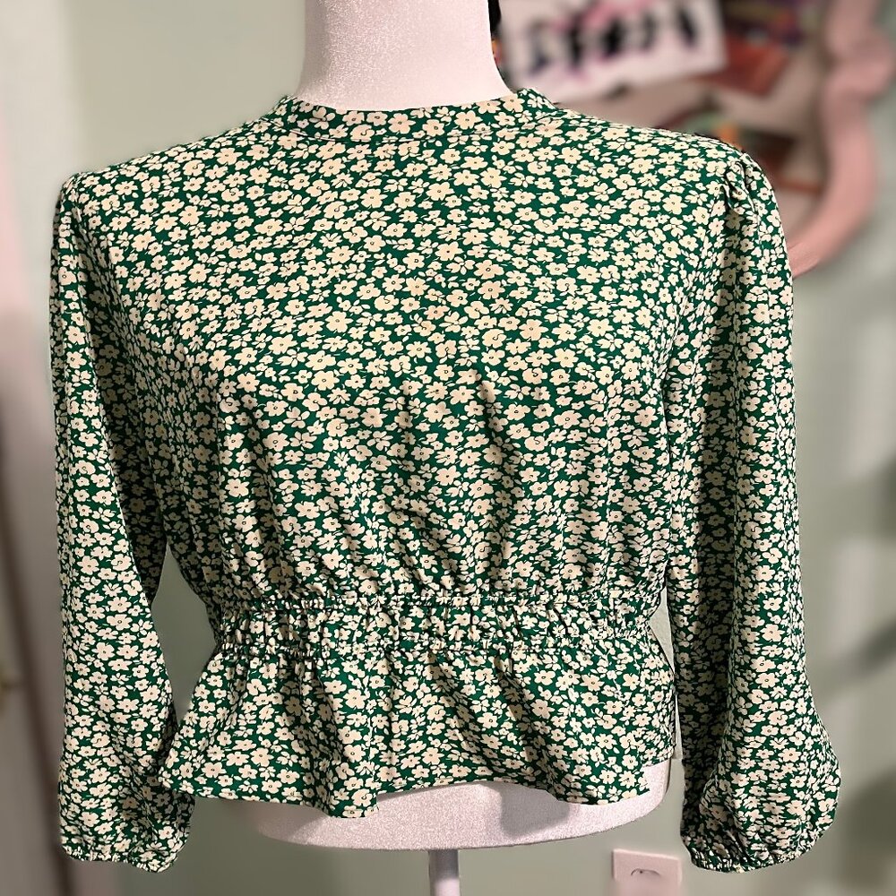 Vintage Floral Blouse, Cream and Green Size XL